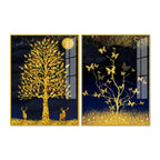 Abstract Golden Shiny Leaves Acrylic Floating Wall Painting Set Of 2 - Decor Mantra 