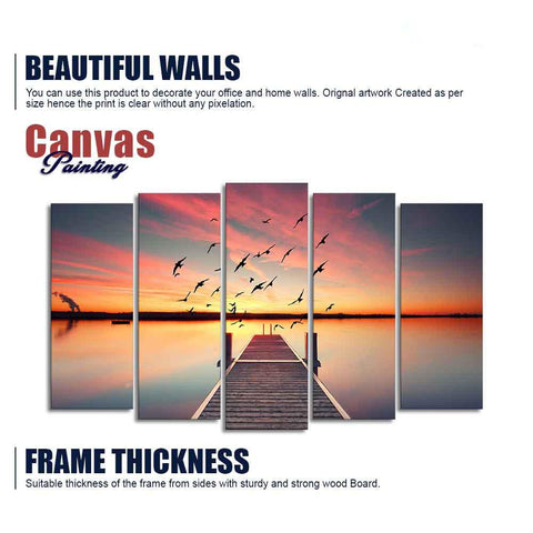 Romantic Wooden Jetty in Sunset Canvas wall Painting of Five Pieces - Decor Mantra 
