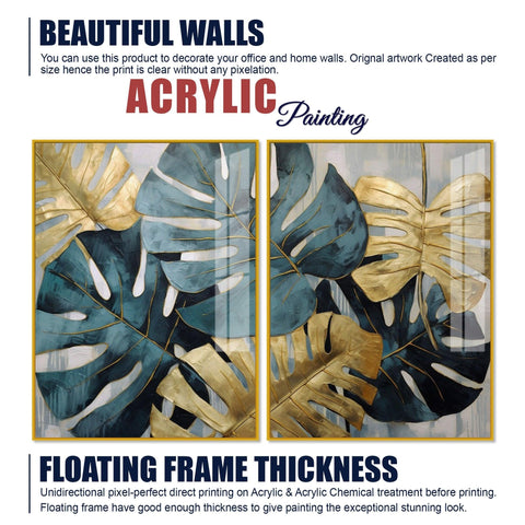 Monstera Leaves Acrylic Floating Wall Painting Set of 2 - Decor Mantra 