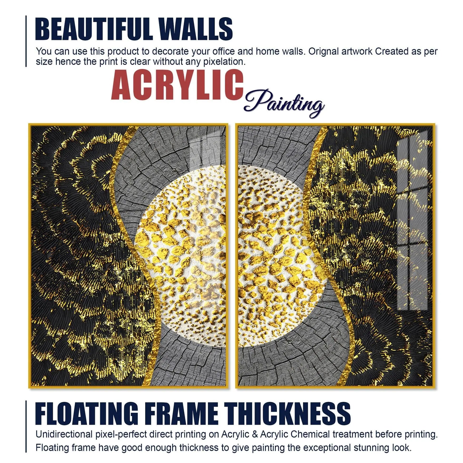 Golden Textured Pattern Acrylic Floating Wall Painting Set of 2 - Decor Mantra 