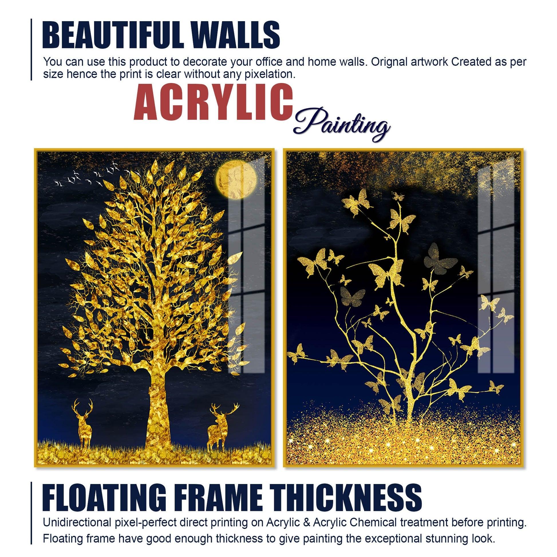 Abstract Golden Shiny Leaves Acrylic Floating Wall Painting Set Of 2 - Decor Mantra 