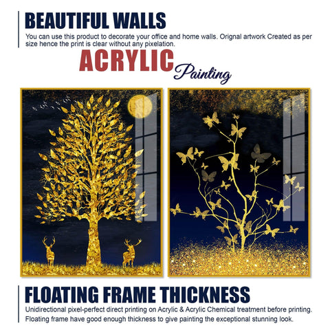 Abstract Golden Shiny Leaves Acrylic Floating Wall Painting Set Of 2 - Decor Mantra 