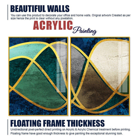 Luxury Golden Waves Line Art Premium Acrylic Floating Wall Painting Set Of 2 - Decor Mantra 
