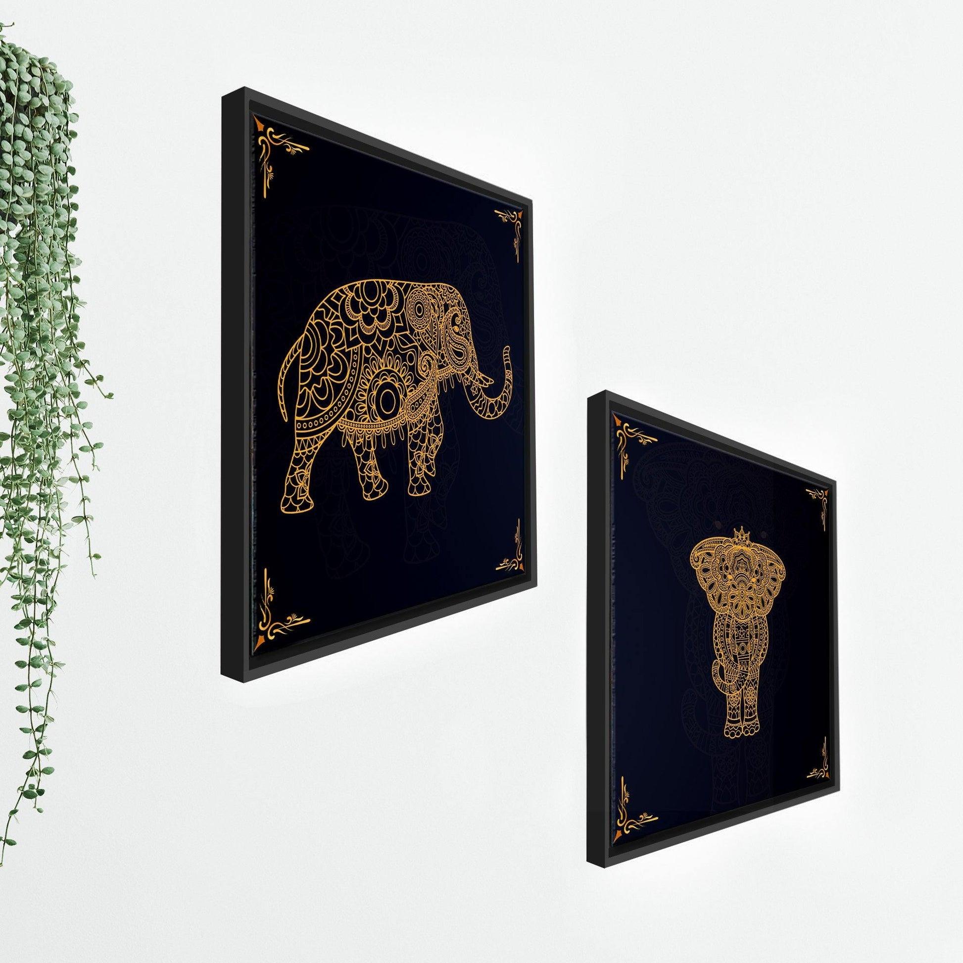 Madhubani Art Elephant Canvas Wall Painting of Two Pieces Floating Frame - Decor Mantra 