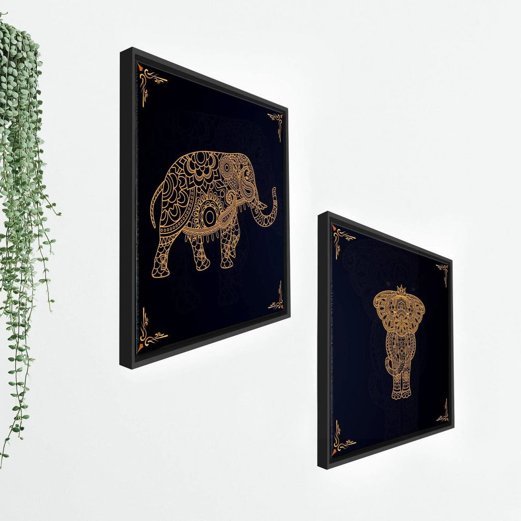 Madhubani Art Elephant Canvas Wall Painting of Two Pieces Floating Frame - Decor Mantra 
