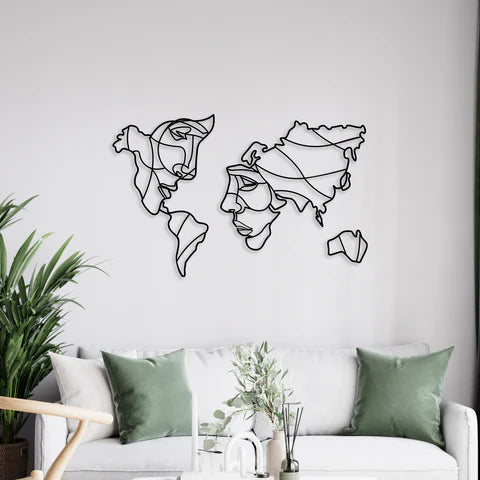 Face Shaped World Map Metal Wall Art Decor Mantra