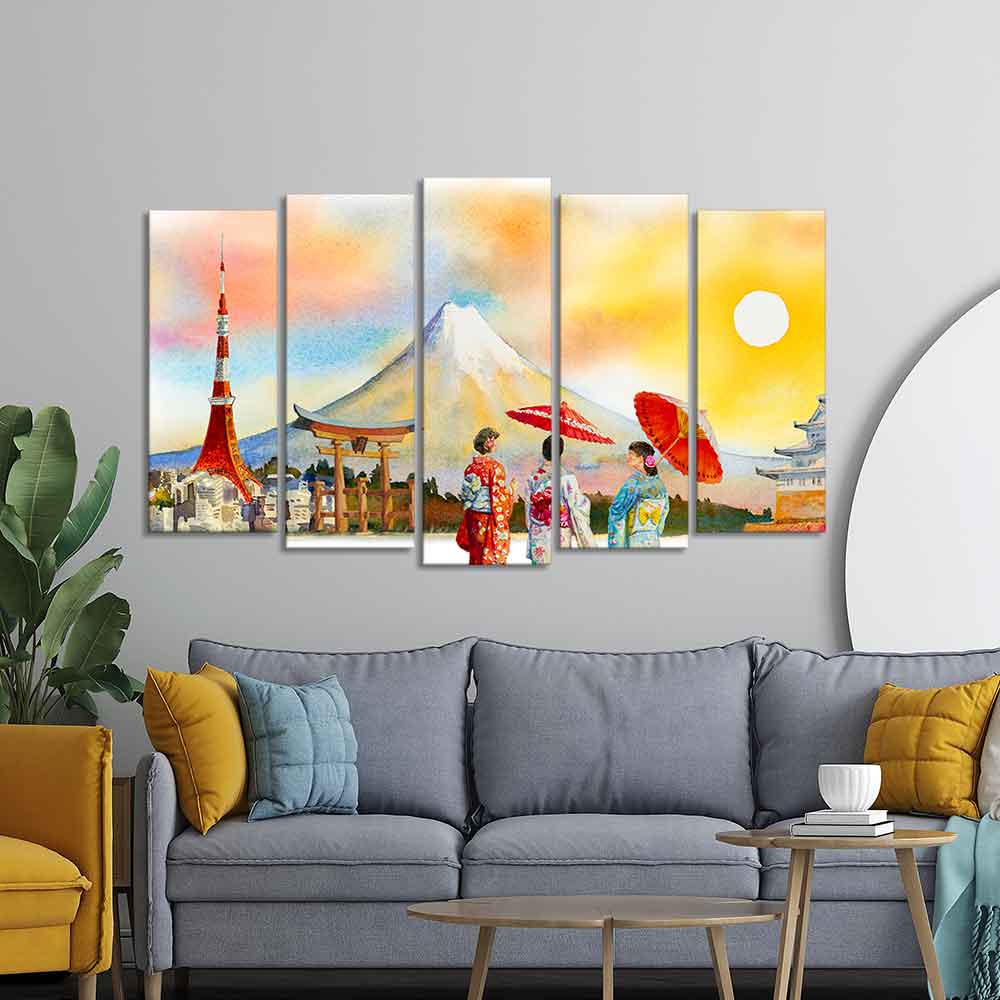 Famous Places of Japan Canvas Wall Painting Set of Five DECORMANTRA