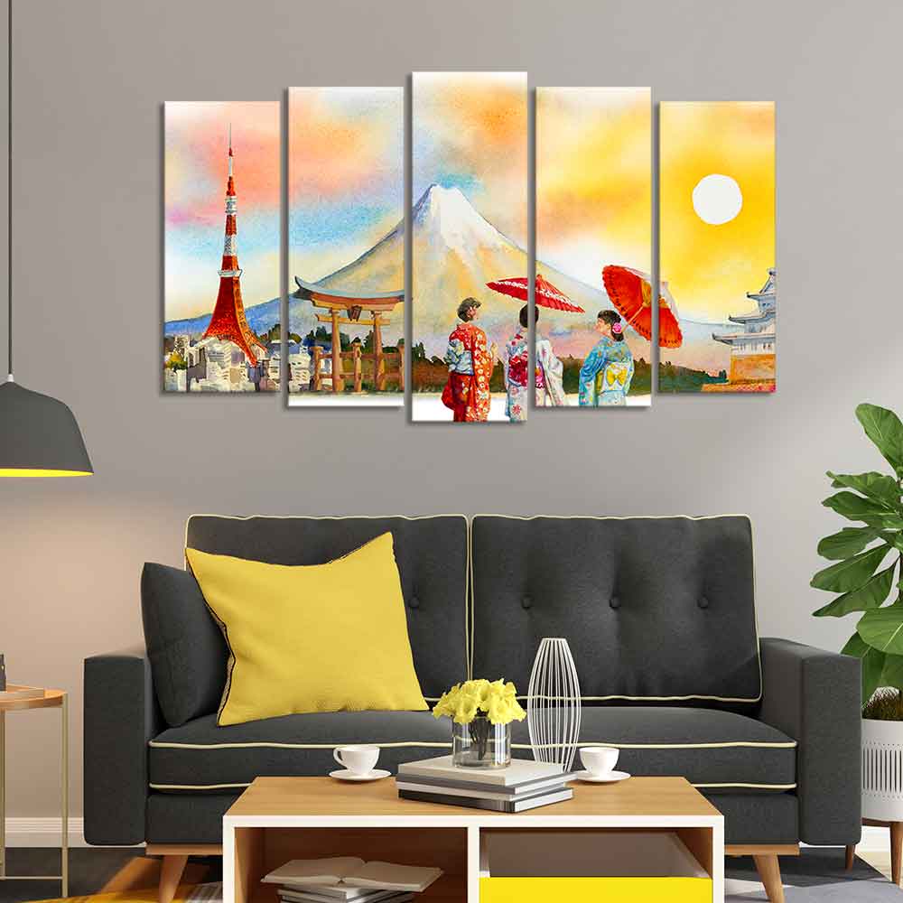 Famous Places of Japan Canvas Wall Painting Set of Five DECORMANTRA