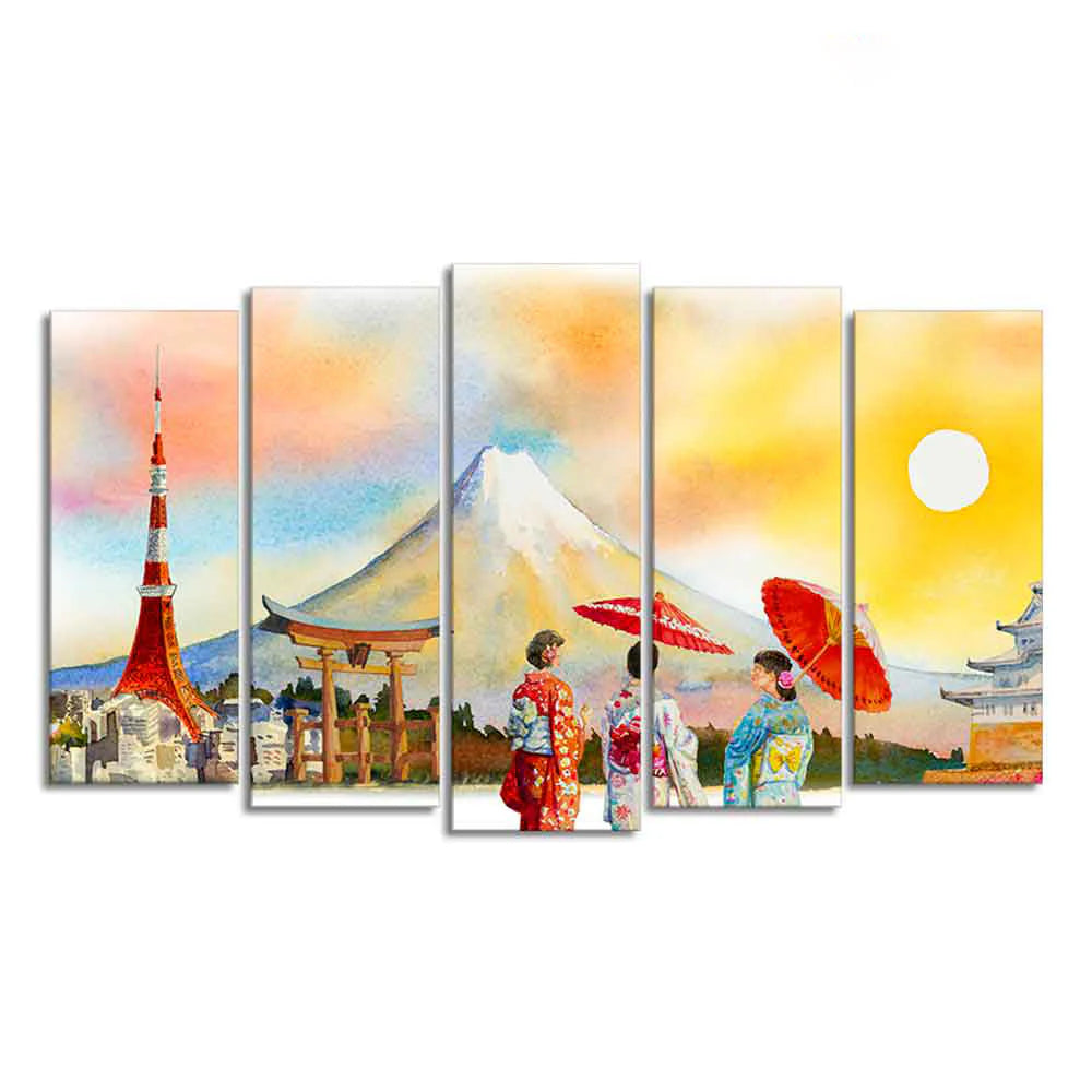 Famous Places of Japan Canvas Wall Painting Set of Five DECORMANTRA