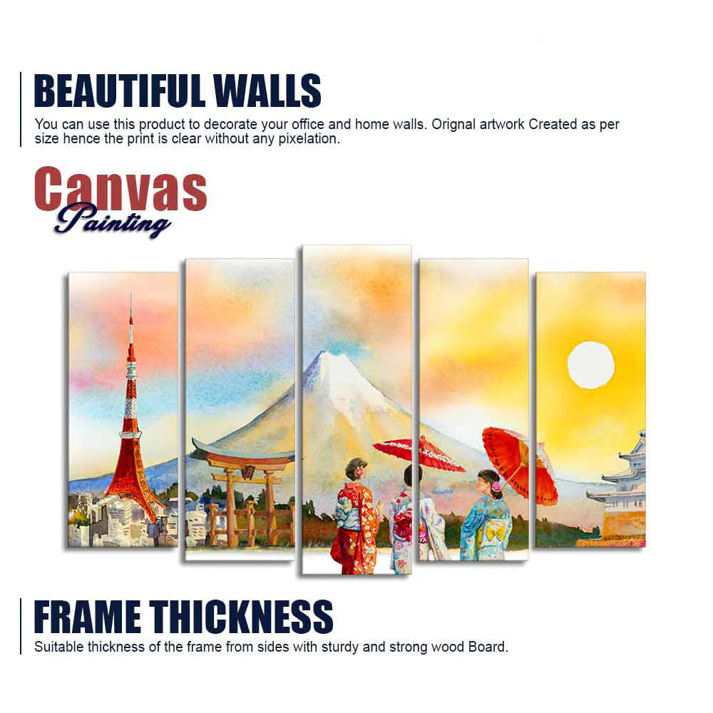 Famous Places of Japan Canvas Wall Painting Set of Five DECORMANTRA