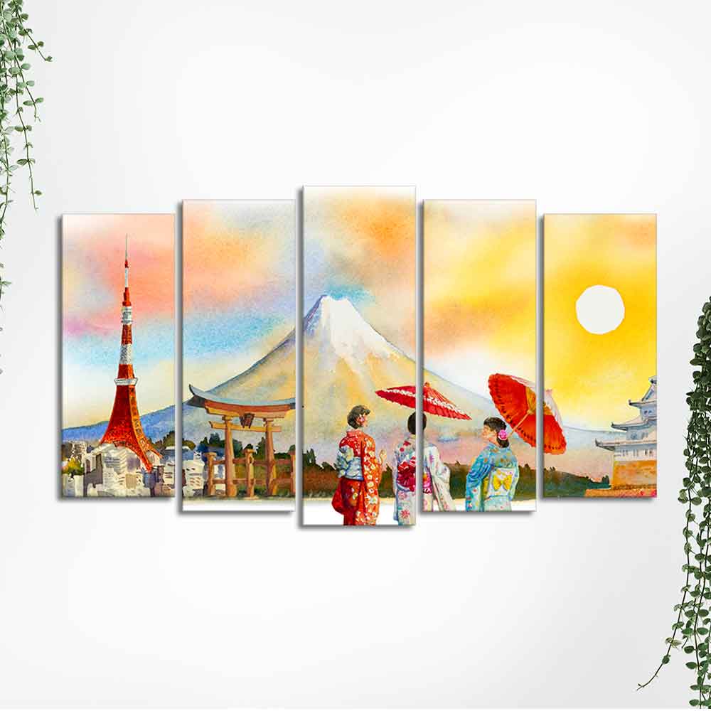 Famous Places of Japan Canvas Wall Painting Set of Five DECORMANTRA