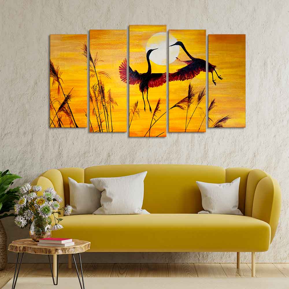 Flamingos Flying in Sunset 5 Pieces Wall Painting Decor Mantra