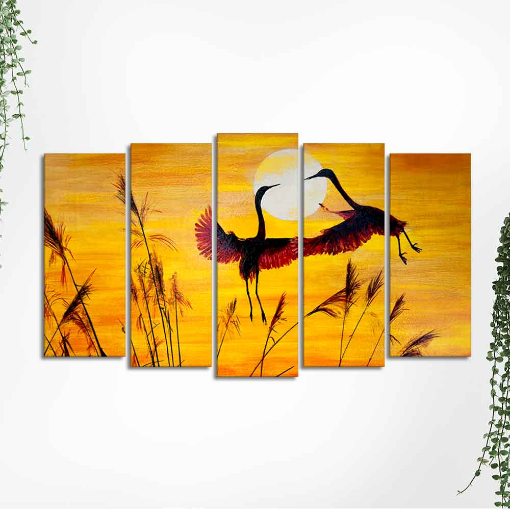 Flamingos Flying in Sunset 5 Pieces Wall Painting Decor Mantra