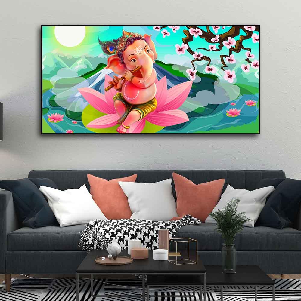 Lord Ganesha Playing Flute Premium Wall Painting - Decor Mantra 