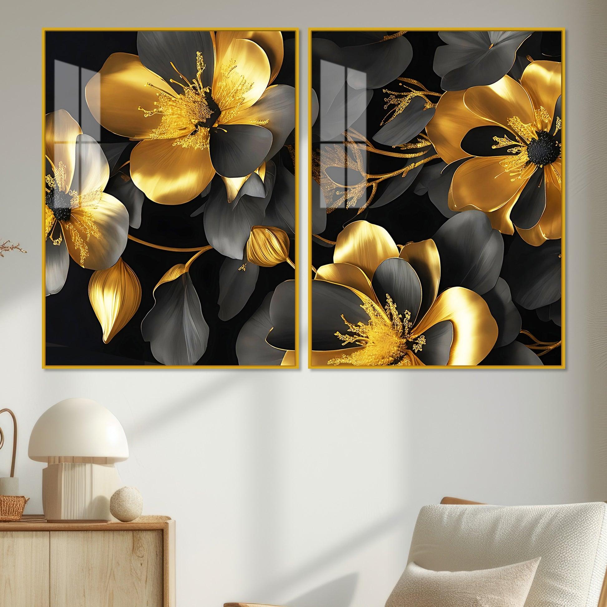 Beautiful Golden Flower Premium Acrylic Floating Wall Painting Set Of 2 - Decor Mantra 