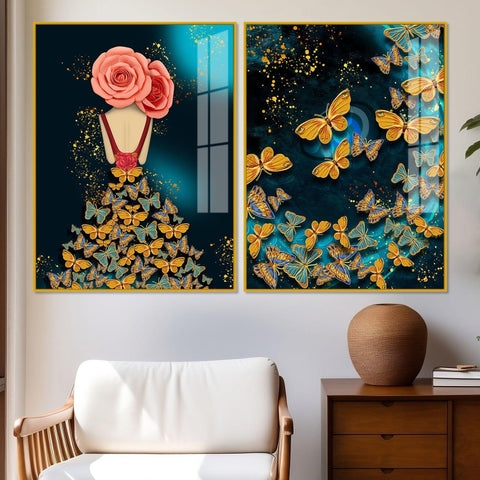 Dress of Golden Butterflies Acrylic Floating Wall Painting Set of 2 - Decor Mantra 