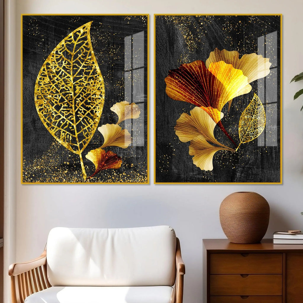 Abstract Golden Shiny Ginkgo Leaf Acrylic Floating Wall Painting Set Of 2 - Decor Mantra 