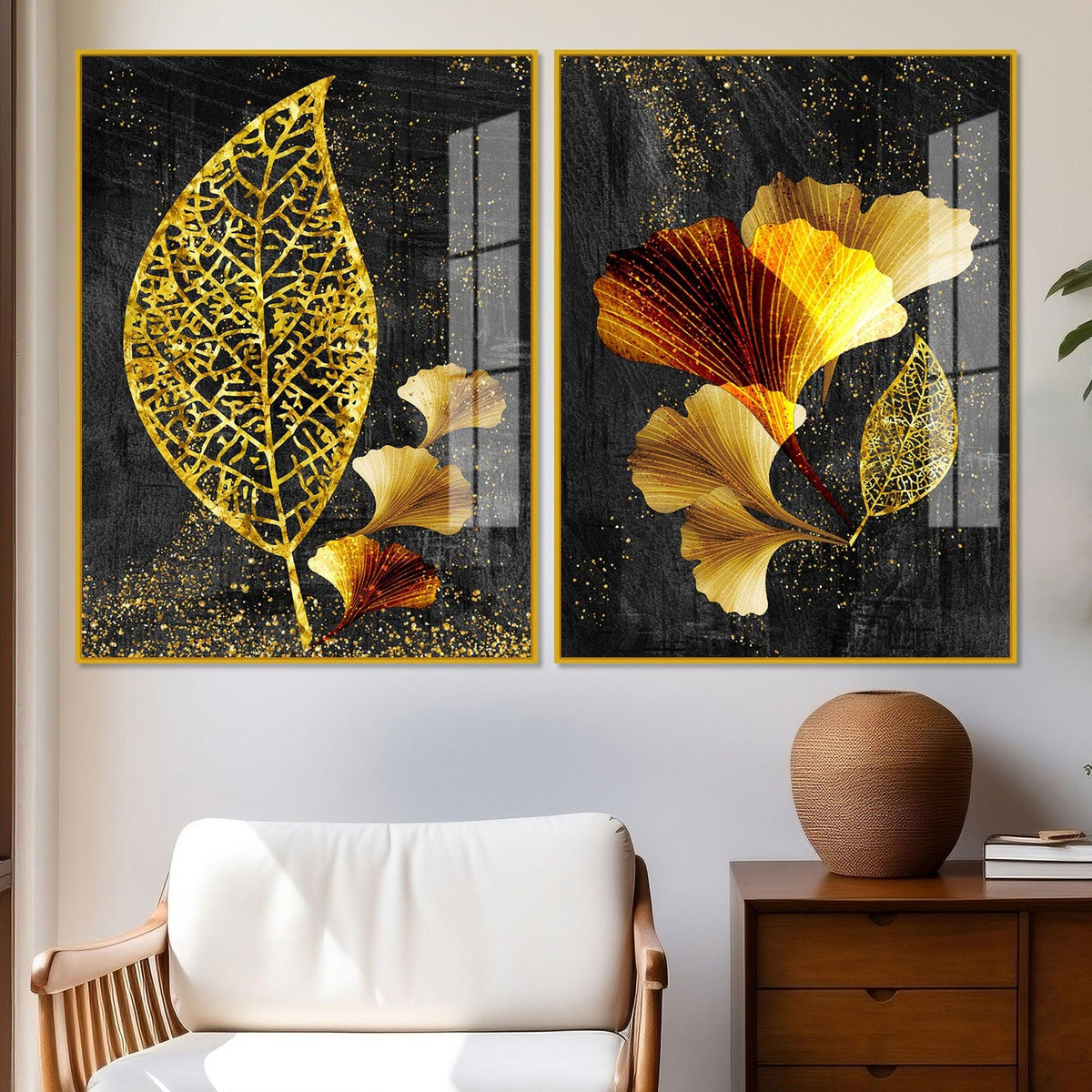 Abstract Golden Shiny Ginkgo Leaf Acrylic Floating Wall Painting Set Of 2 - Decor Mantra 