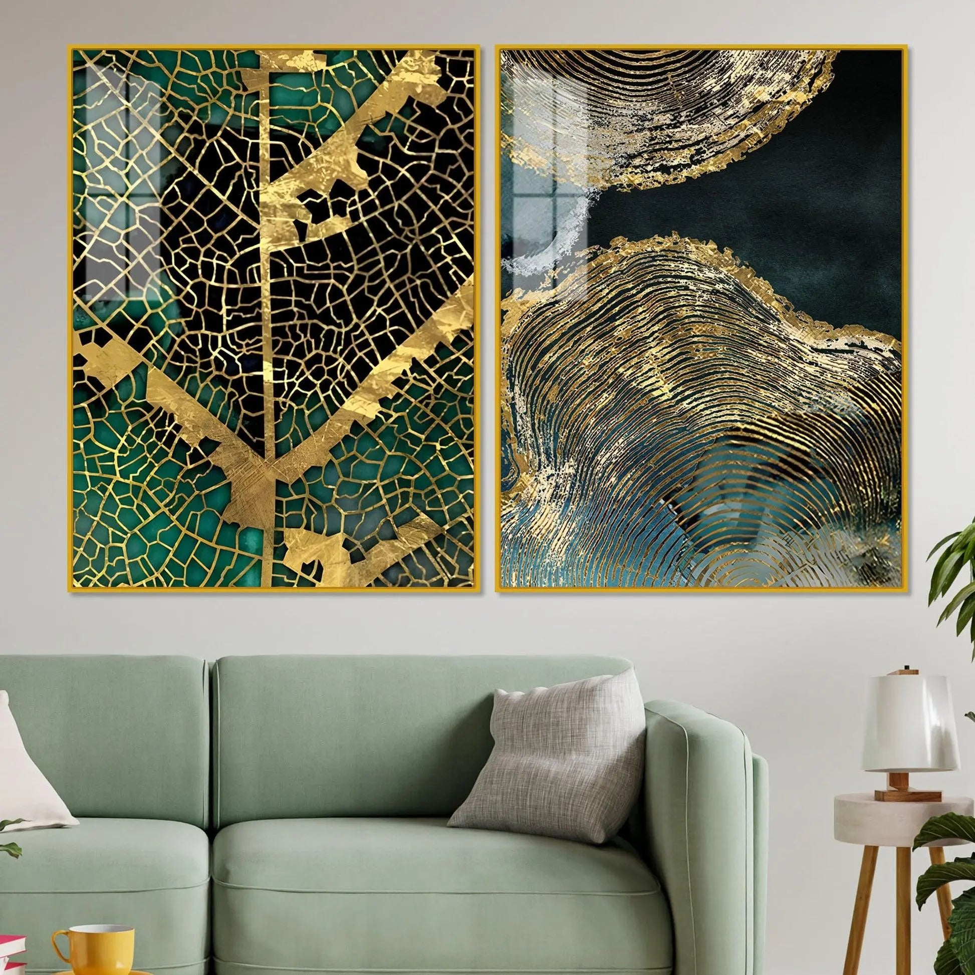 Amazing Golden Pattern Acrylic Floating Wall Painting Set of 2 - Decor Mantra 