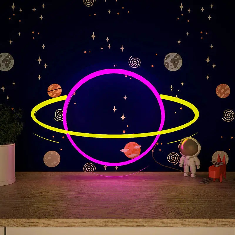 Solar System Saturn Plante Pink & Yellow LED Neon Light DECORMANTRA