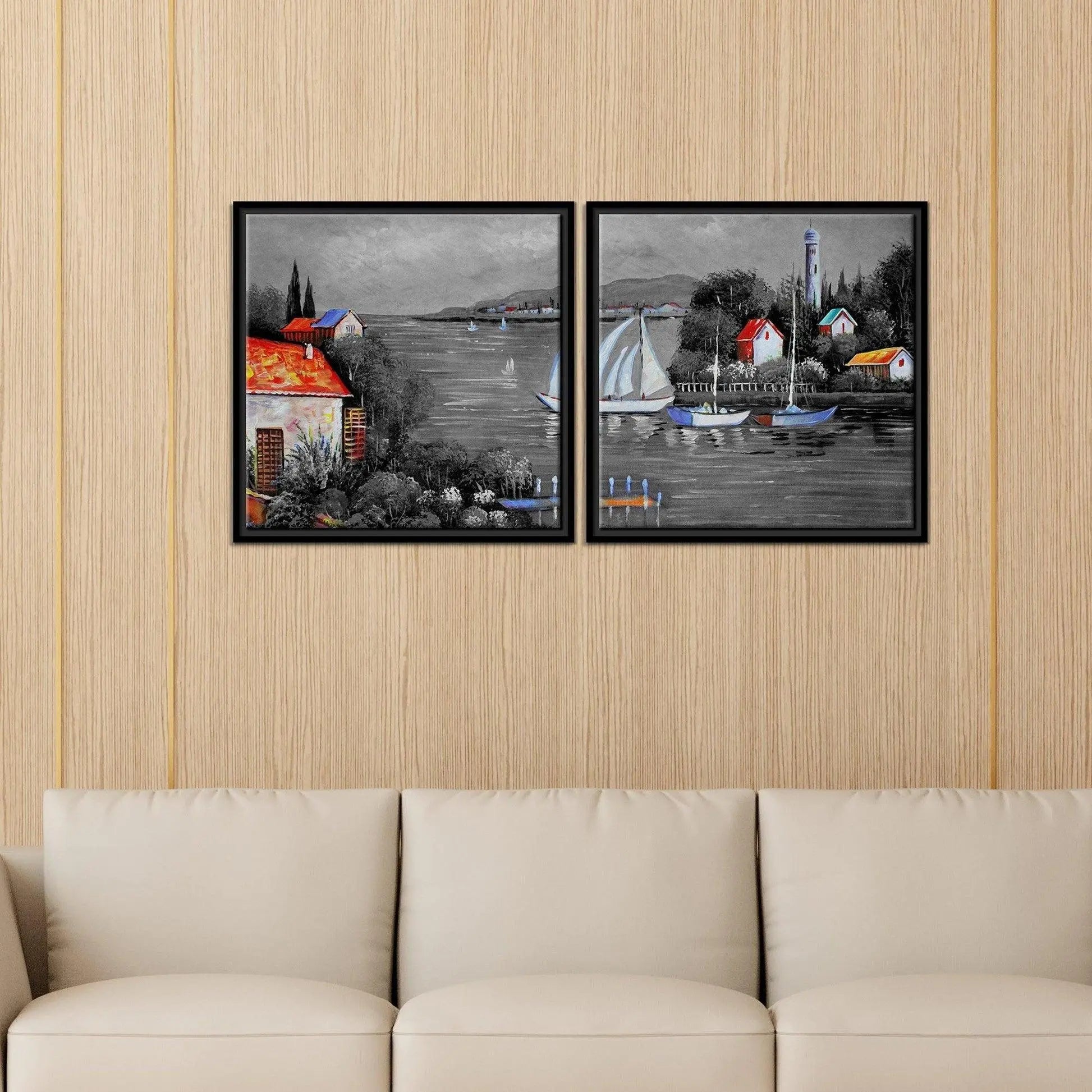 Beautiful Lake View Scenery Wall Painting of 2 Pieces Floating Frame - Decor Mantra 