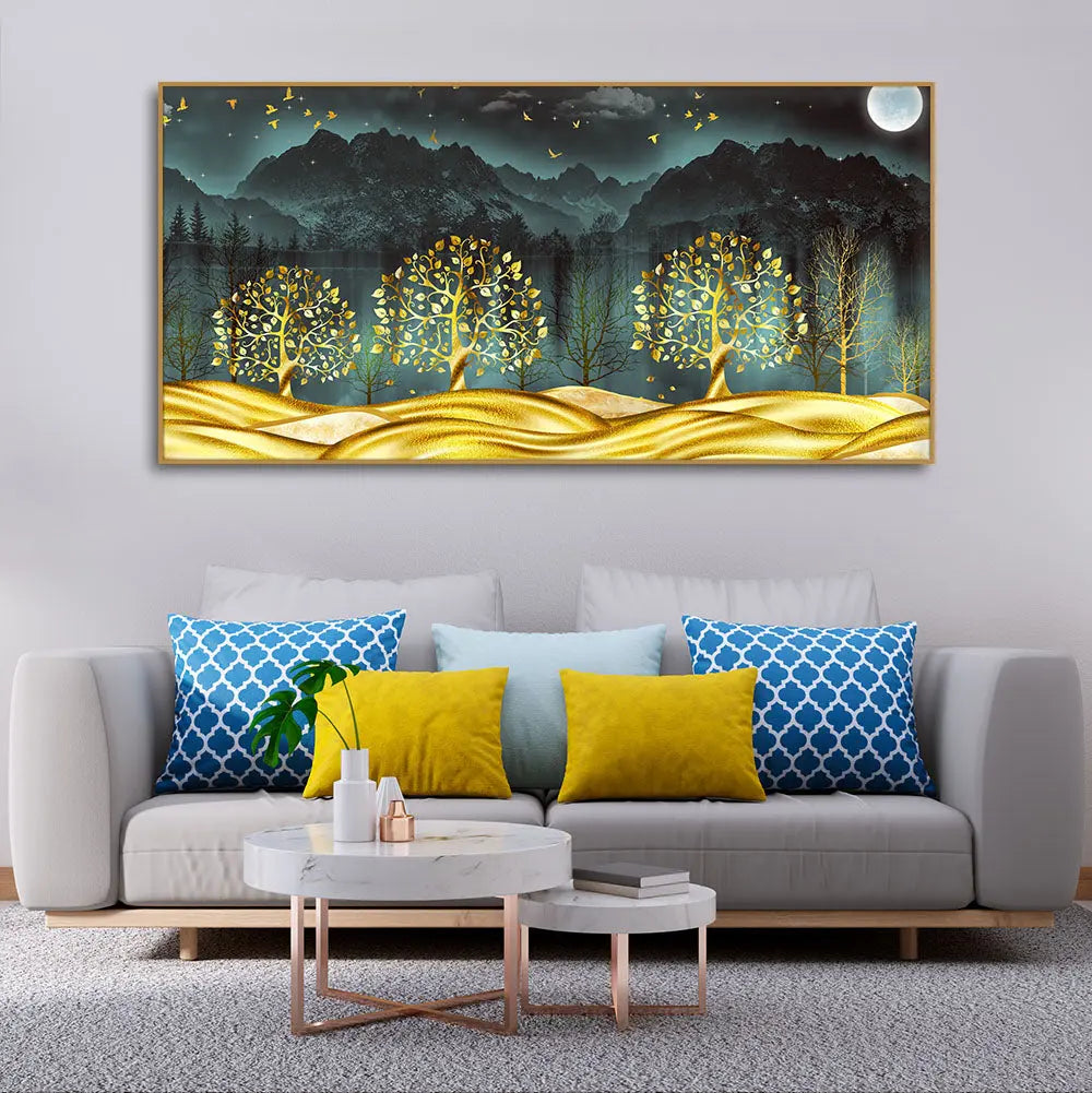 Wall Painting of Golden Trees in Dark Forest - Harshita Craft