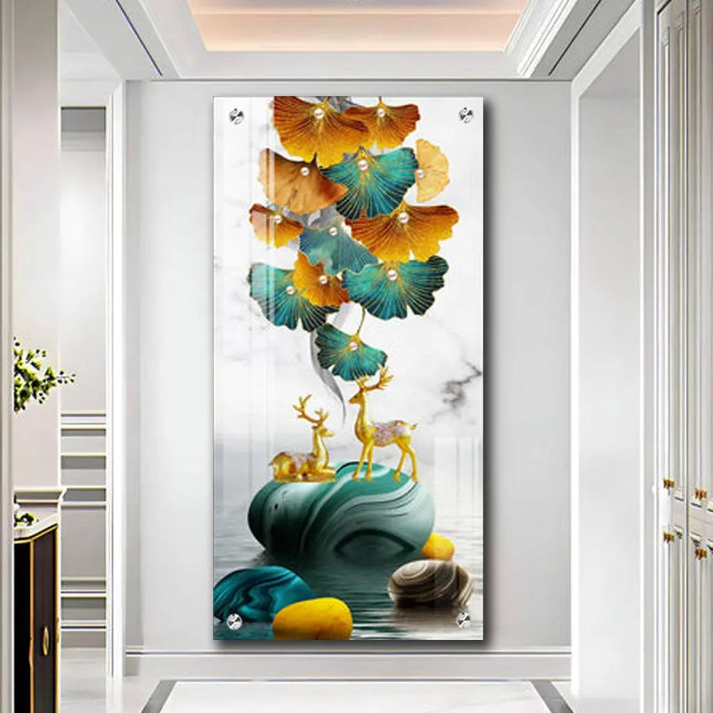Stunning Deer and Ginkgo Leaves Vertical Acrylic Wall Art - Decor Mantra 