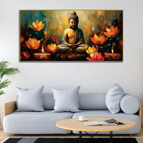 Meditating Buddha Statue with Lotus Flower Canvas Wall Painting - Decor Mantra 