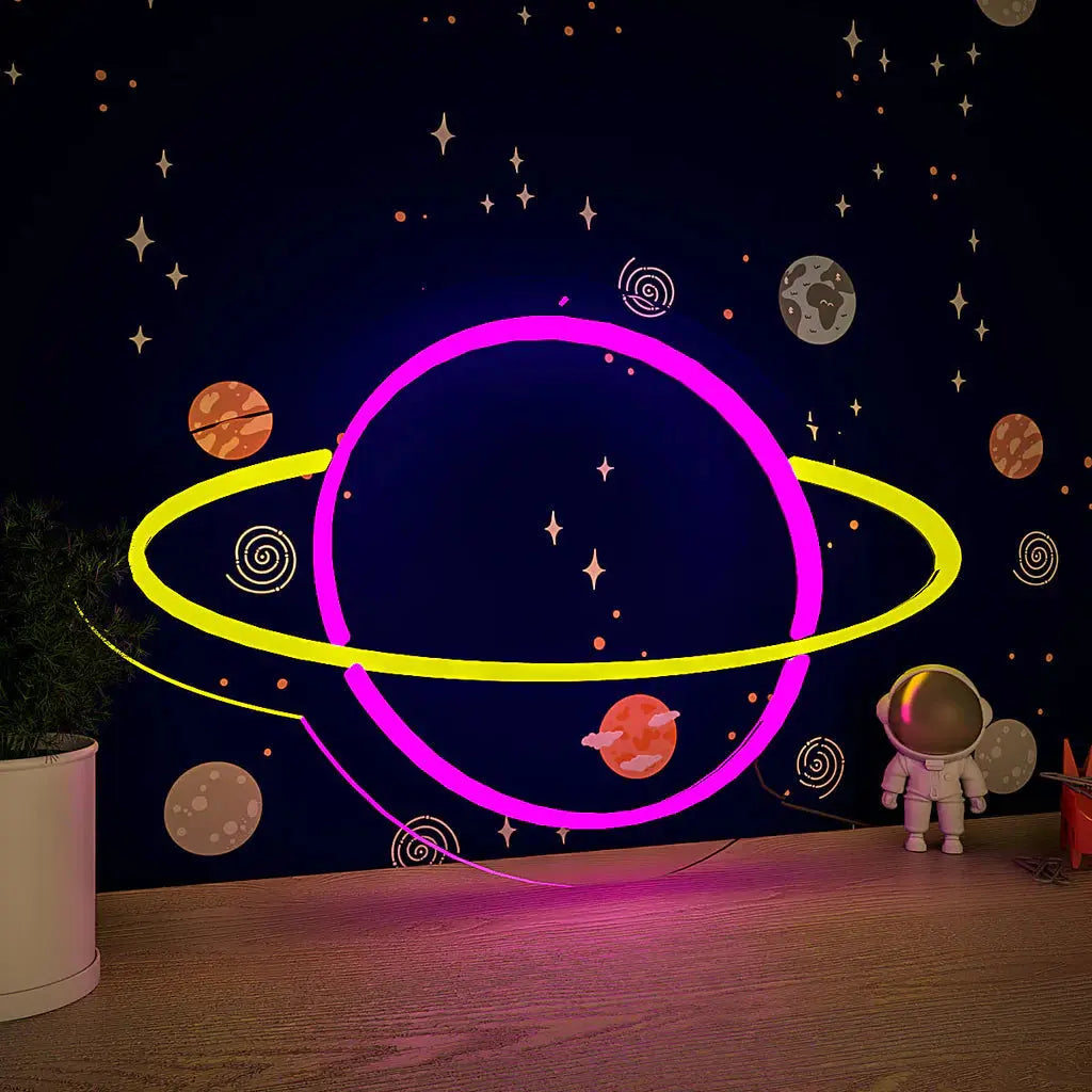 Solar System Saturn Plante Pink & Yellow LED Neon Light DECORMANTRA