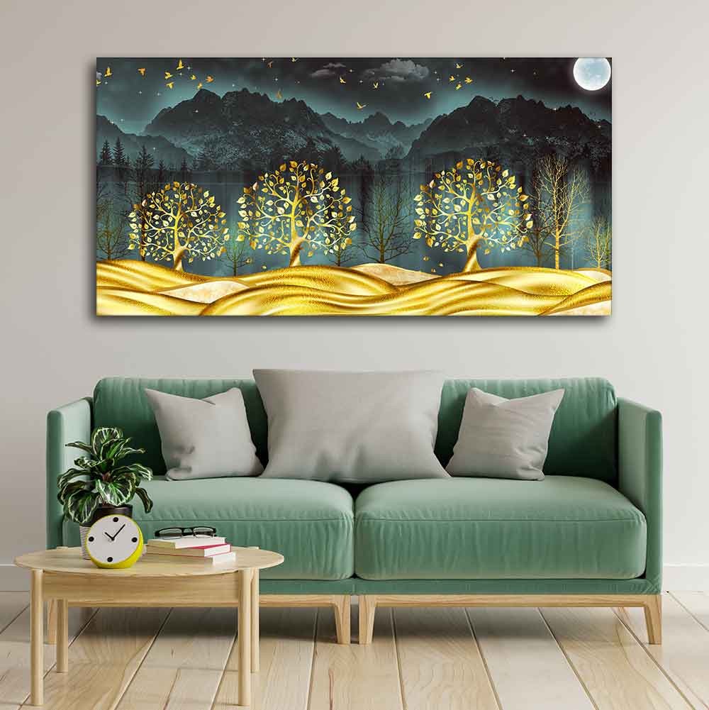 Wall Painting of Golden Trees in Dark Forest - Harshita Craft