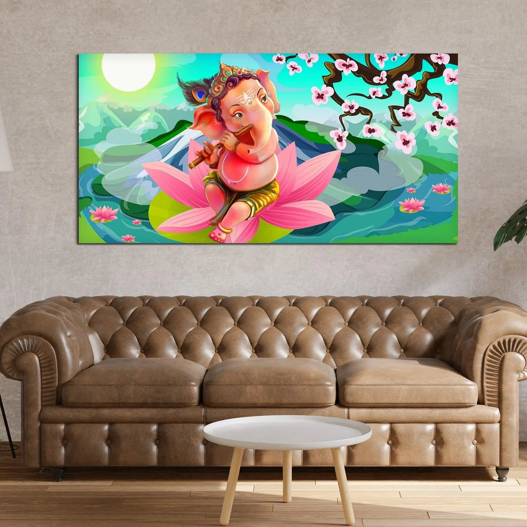 Lord Ganesha Playing Flute Premium Wall Painting - Decor Mantra 