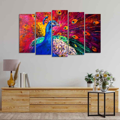 Beautiful Peacock Canvas Wall Painting of Five Pieces - Decor Mantra 