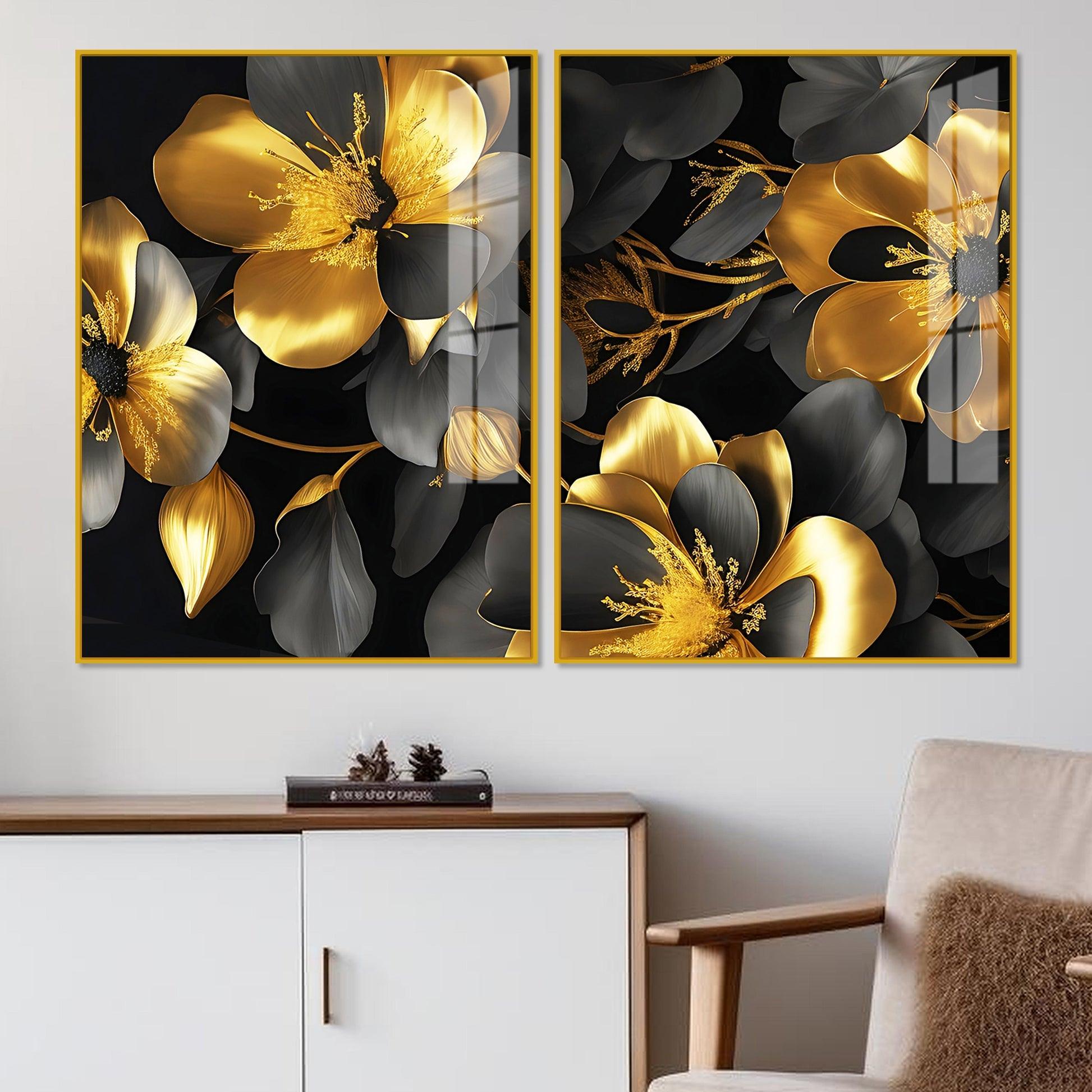 Beautiful Golden Flower Premium Acrylic Floating Wall Painting Set Of 2 - Decor Mantra 