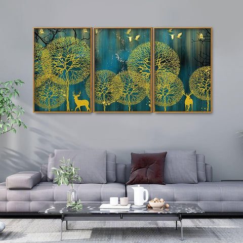Golden Nightscape with Deer and Golden birds Floating Canvas Wall Painting Set of Three - Decor Mantra 