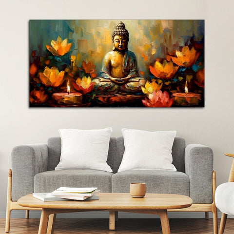 Meditating Buddha Statue with Lotus Flower Canvas Wall Painting - Decor Mantra 