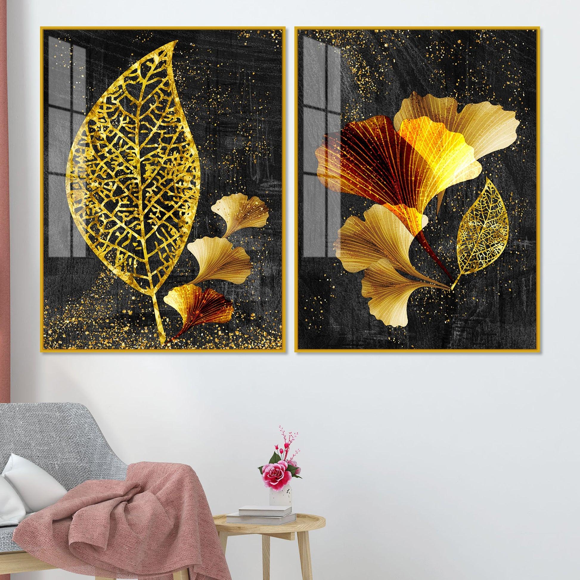 Abstract Golden Shiny Ginkgo Leaf Acrylic Floating Wall Painting Set Of 2 - Decor Mantra 