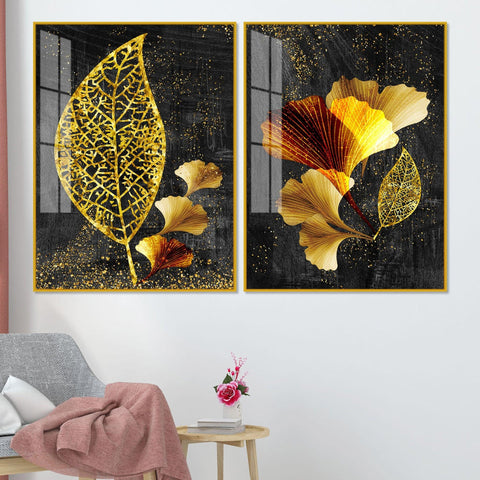 Abstract Golden Shiny Ginkgo Leaf Acrylic Floating Wall Painting Set Of 2 - Decor Mantra 
