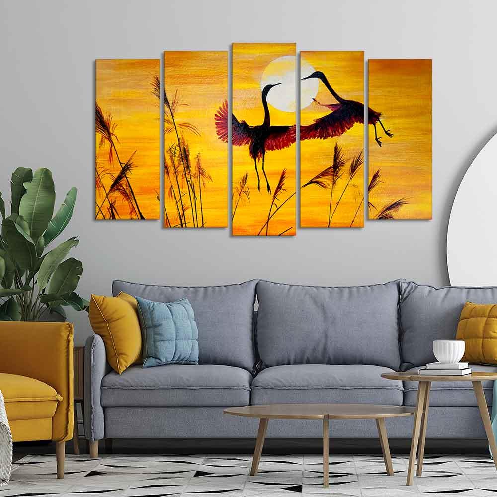 Flamingos Flying in Sunset 5 Pieces Wall Painting - Decor Mantra 