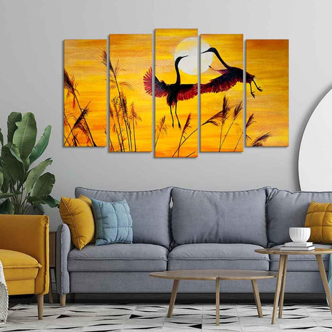 Flamingos Flying in Sunset 5 Pieces Wall Painting - Decor Mantra 