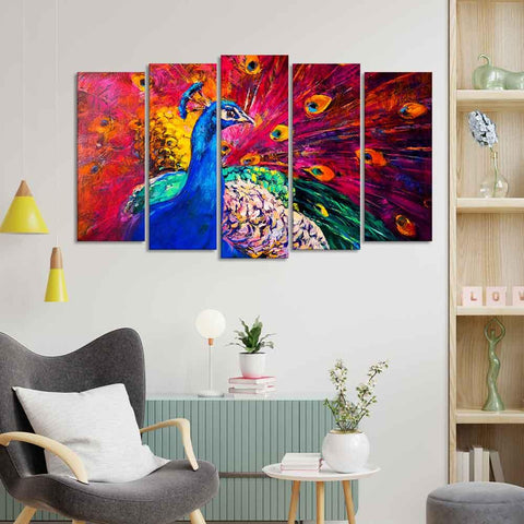 Beautiful Peacock Canvas Wall Painting of Five Pieces - Decor Mantra 