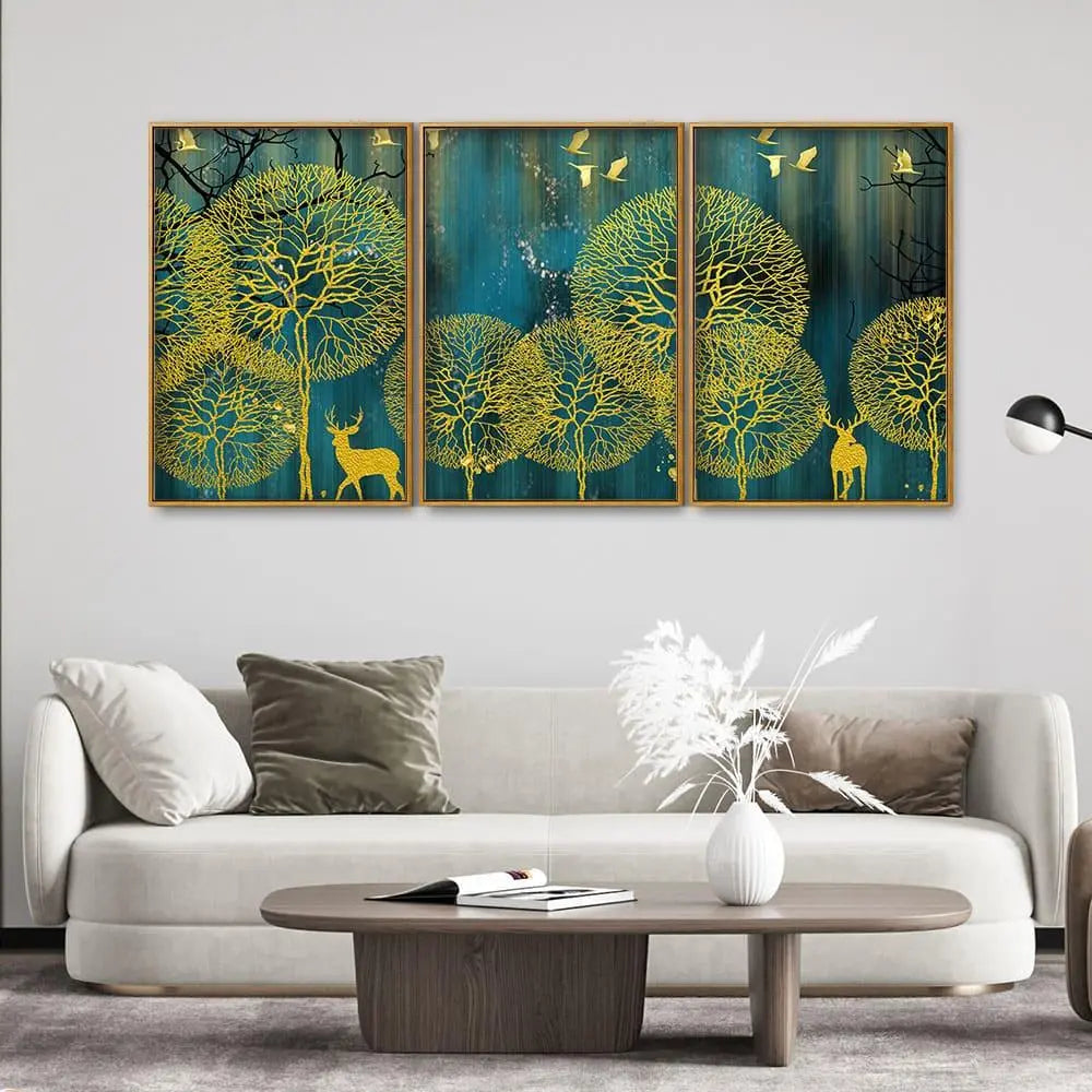 Golden Nightscape with Deer and Golden birds Floating Canvas Wall Painting Set of Three - Decor Mantra 
