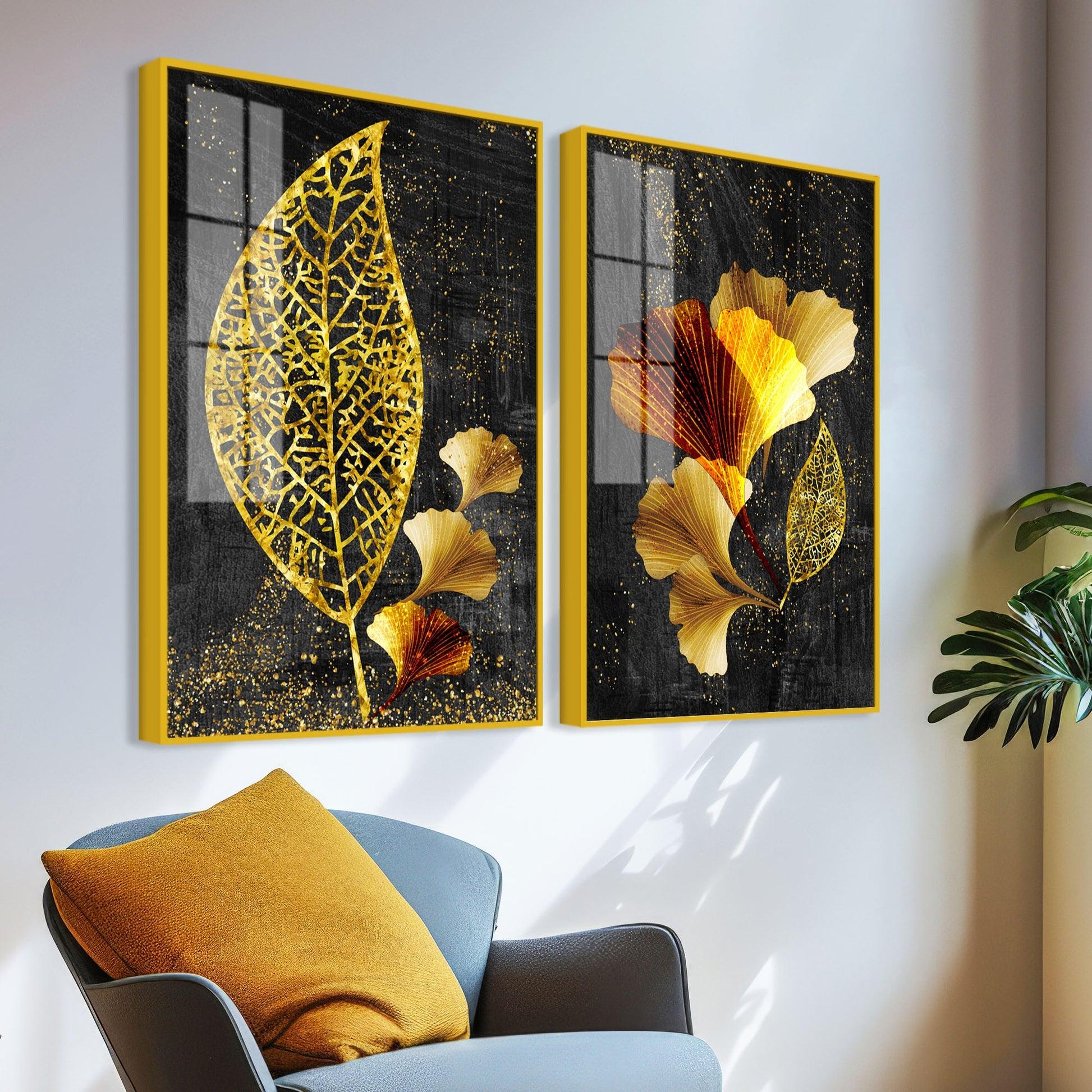 Abstract Golden Shiny Ginkgo Leaf Acrylic Floating Wall Painting Set Of 2 - Decor Mantra 