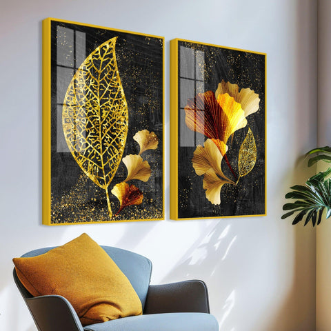 Abstract Golden Shiny Ginkgo Leaf Acrylic Floating Wall Painting Set Of 2 - Decor Mantra 
