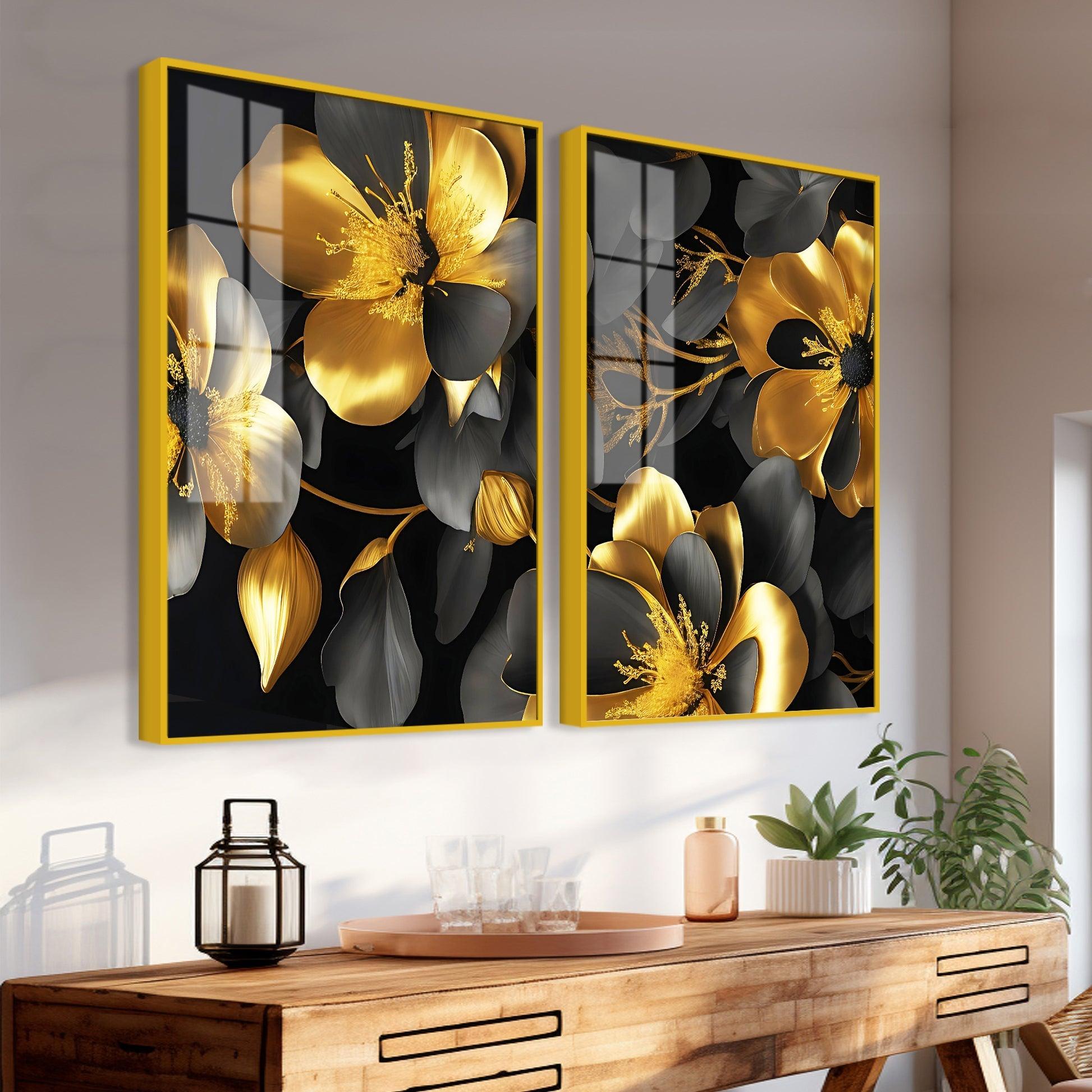 Beautiful Golden Flower Premium Acrylic Floating Wall Painting Set Of 2 - Decor Mantra 