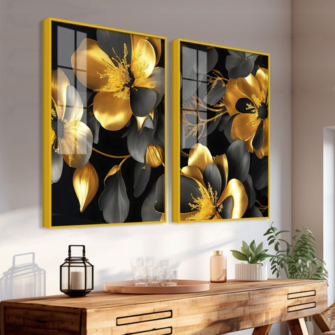Beautiful Golden Flower Premium Acrylic Floating Wall Painting Set Of 2 - Decor Mantra 