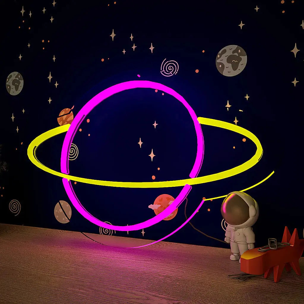 Solar System Saturn Plante Pink & Yellow LED Neon Light DECORMANTRA
