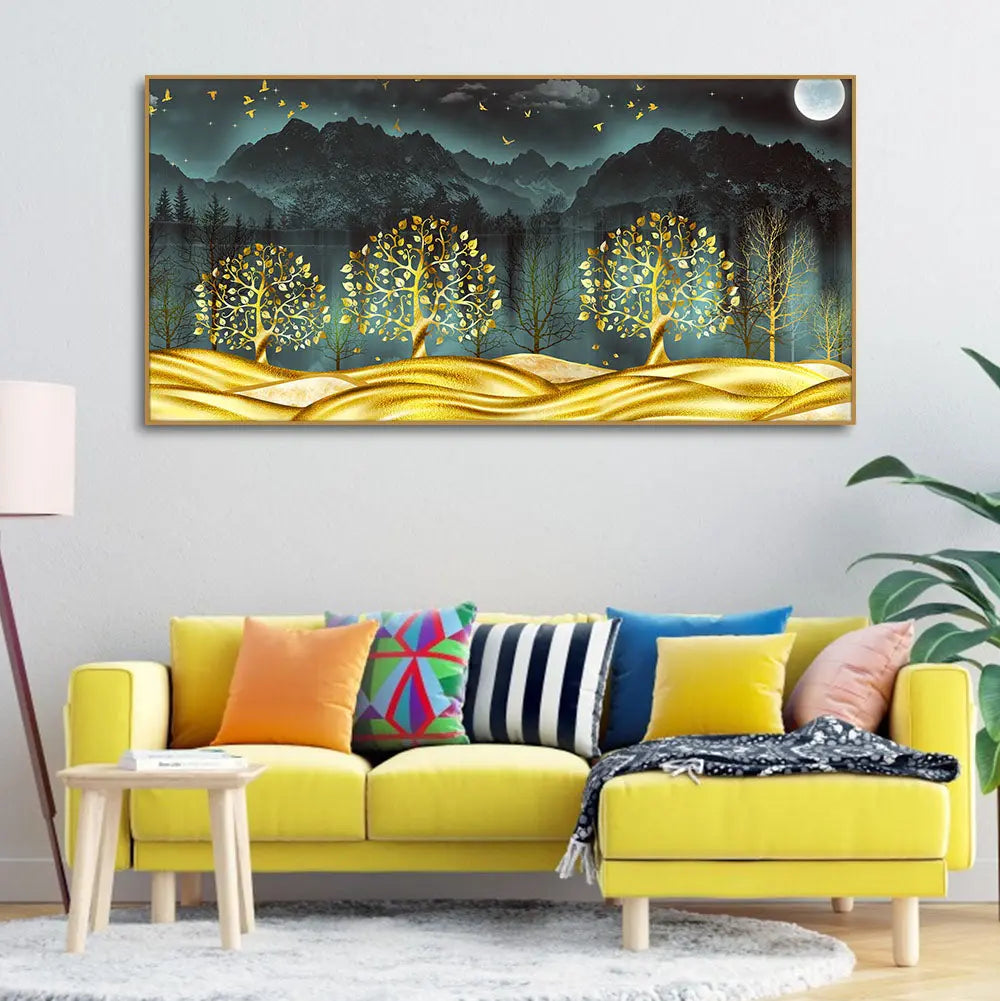 Wall Painting of Golden Trees in Dark Forest - Harshita Craft