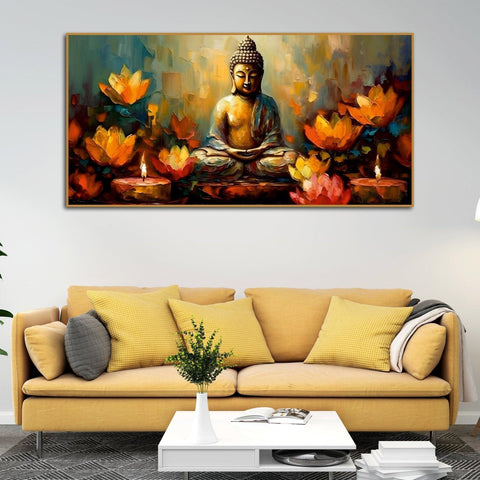 Meditating Buddha Statue with Lotus Flower Canvas Wall Painting - Decor Mantra 
