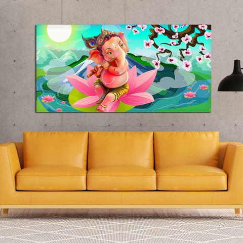 Lord Ganesha Playing Flute Premium Wall Painting - Decor Mantra 