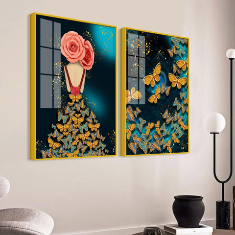 Dress of Golden Butterflies Acrylic Floating Wall Painting Set of 2 - Decor Mantra 